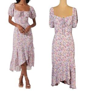ASTR the Label Bow Tie Ruffle Midi Dress SZ M Pink Purple Floral Milkmaid